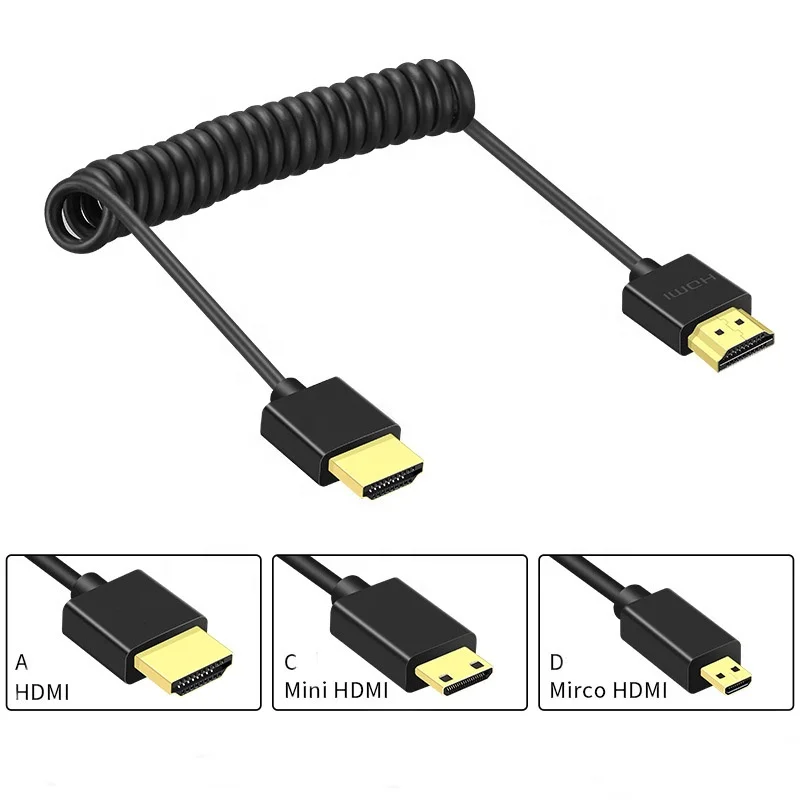 SLR Camera Slim HDMI 2.0 4K Spring Cable Retractable Cable Atomos hdmi to Mini Micro hdmi Spiral Cable 1.2m 1.5m 2m 3m