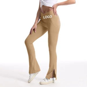 Bootcut Yoga Pants Work Pants Crossover Split Hem Full Length Flare Leggings With Pocket