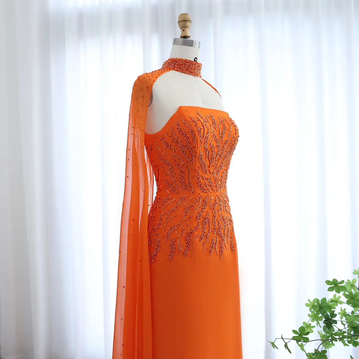 Arabic Orange Strapless Evening Dress with Cape Sleeve Women for Wedding  Luxury Dubai Formal Party Gowns LSZ299-1