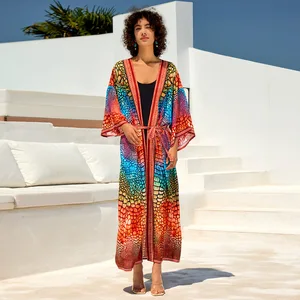 2026 Holiday Cardigan Rayon Kimono Beach Wear Women Printing Kaftans for Women