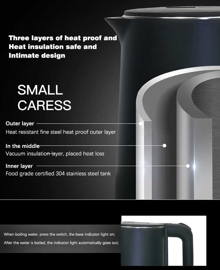 Double Wall Electric Water Kettles Portable 1.5l 1500w Tea Boiler Smart