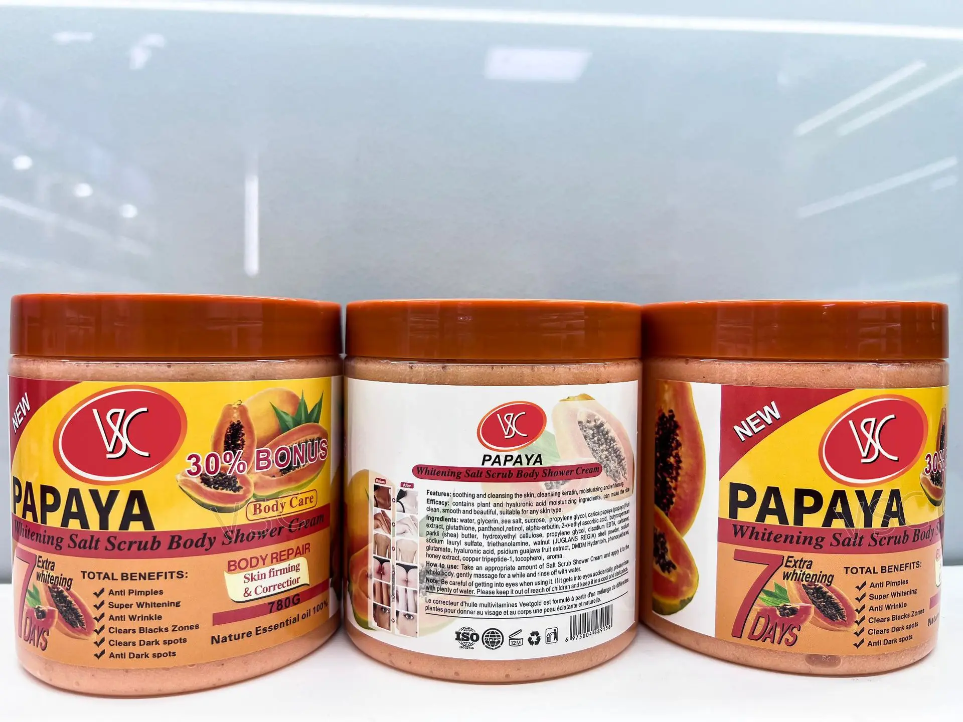 Gommage corporel au sel blanchissant au curcuma, crème de douche, vente en gros, éclaircissant, nettoyant pour le corps et le visage, exfoliant les taches brunes, soin de la peau