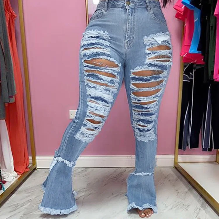 Ripped Fringe Flare Jeans Pants 