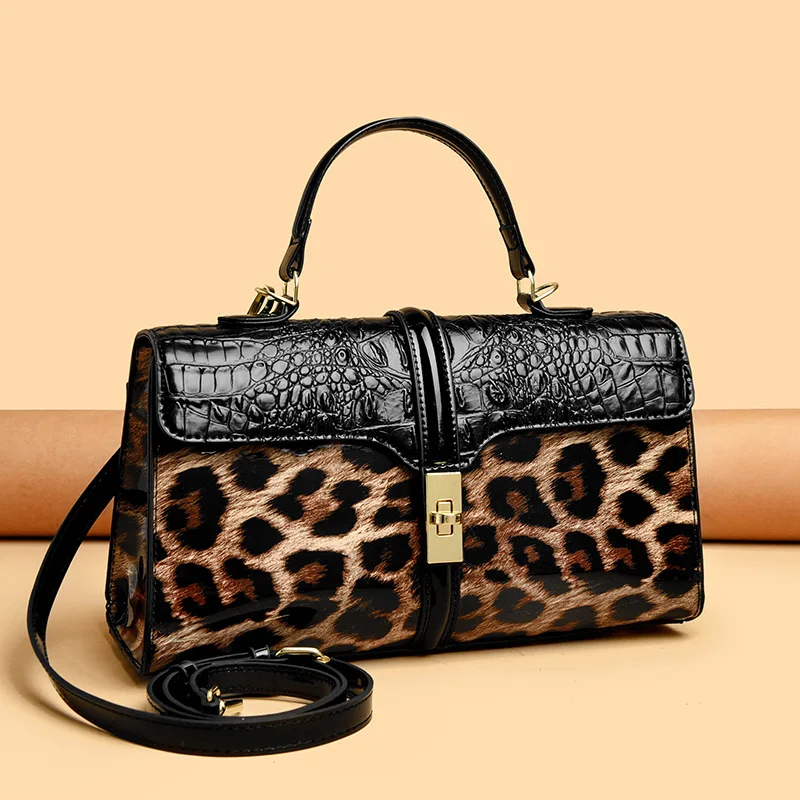 Luxury Designer Women's Handbag with Leopard and Crocodile Print