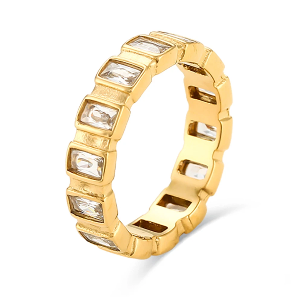 Simple Style 18K Gold Plated Stainless Steel Ring Square Diamond Stone Ring Jewelry for Women Jewelry