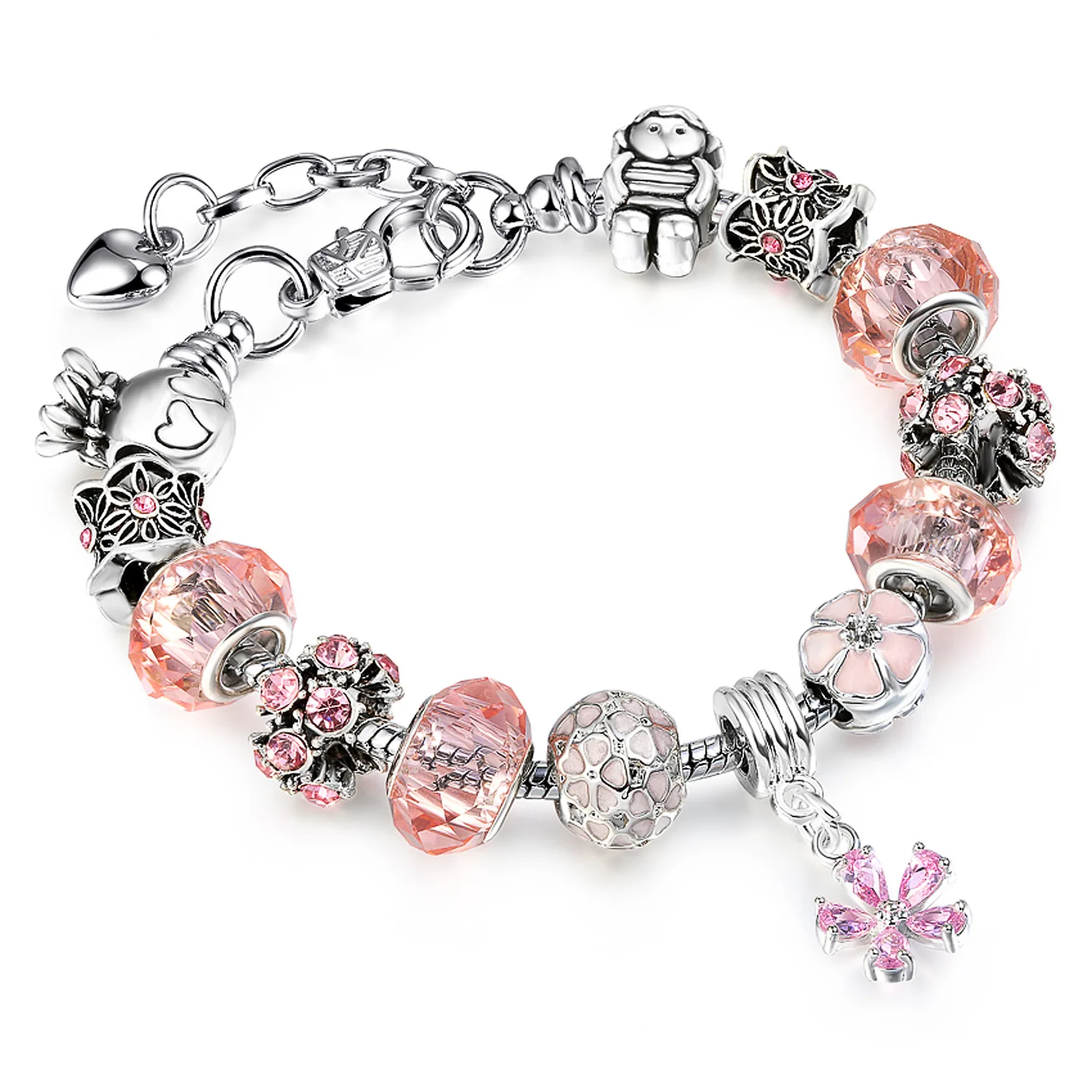 Glass Bead and Flower Charm Bracelet