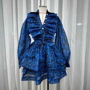 Factory Wholesale 2026 Winter Women's Empire Waist Leopard Print Puffy Ruffles A-Line Long Sleeve V-Neck Mini Socialite Dress