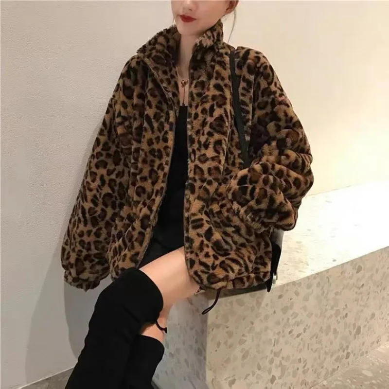 European American Autumn Winter New Korean Style Wool/Silk Slim ELEGANT Maternity Leopard Print Long Sleeves Coat Retro Women's