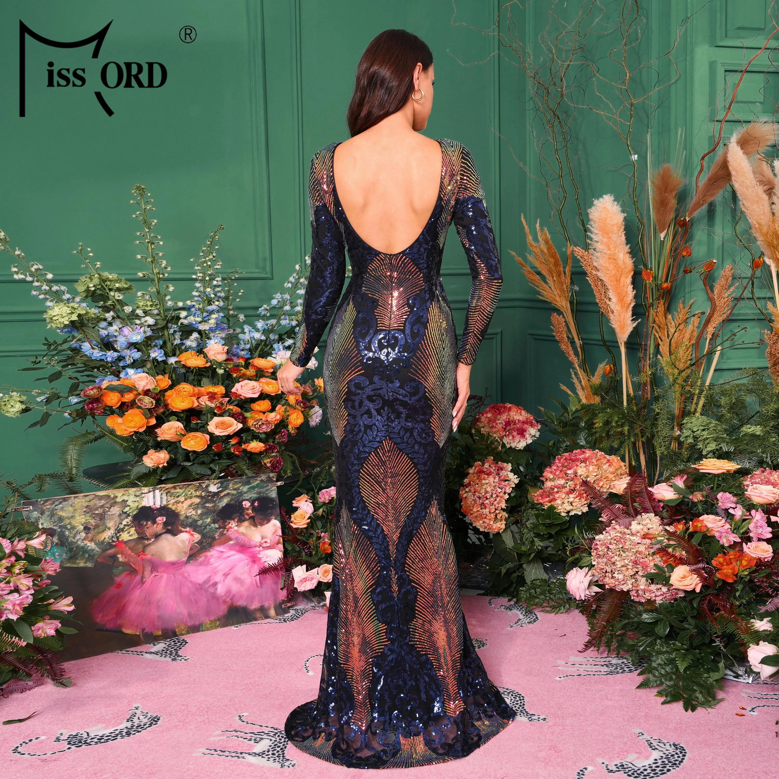 chinese dress ladies Sparkly Crystal Sequin Blue Asymmetrical Long Mermaid Prom Dress