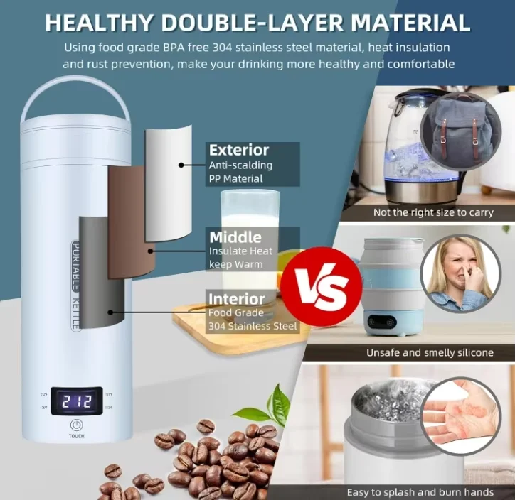 Intelligent Heating Electric Water Cup with Integrated Insulation Cup, Portable Travel Office Mini Small Stainless Steel Kettle