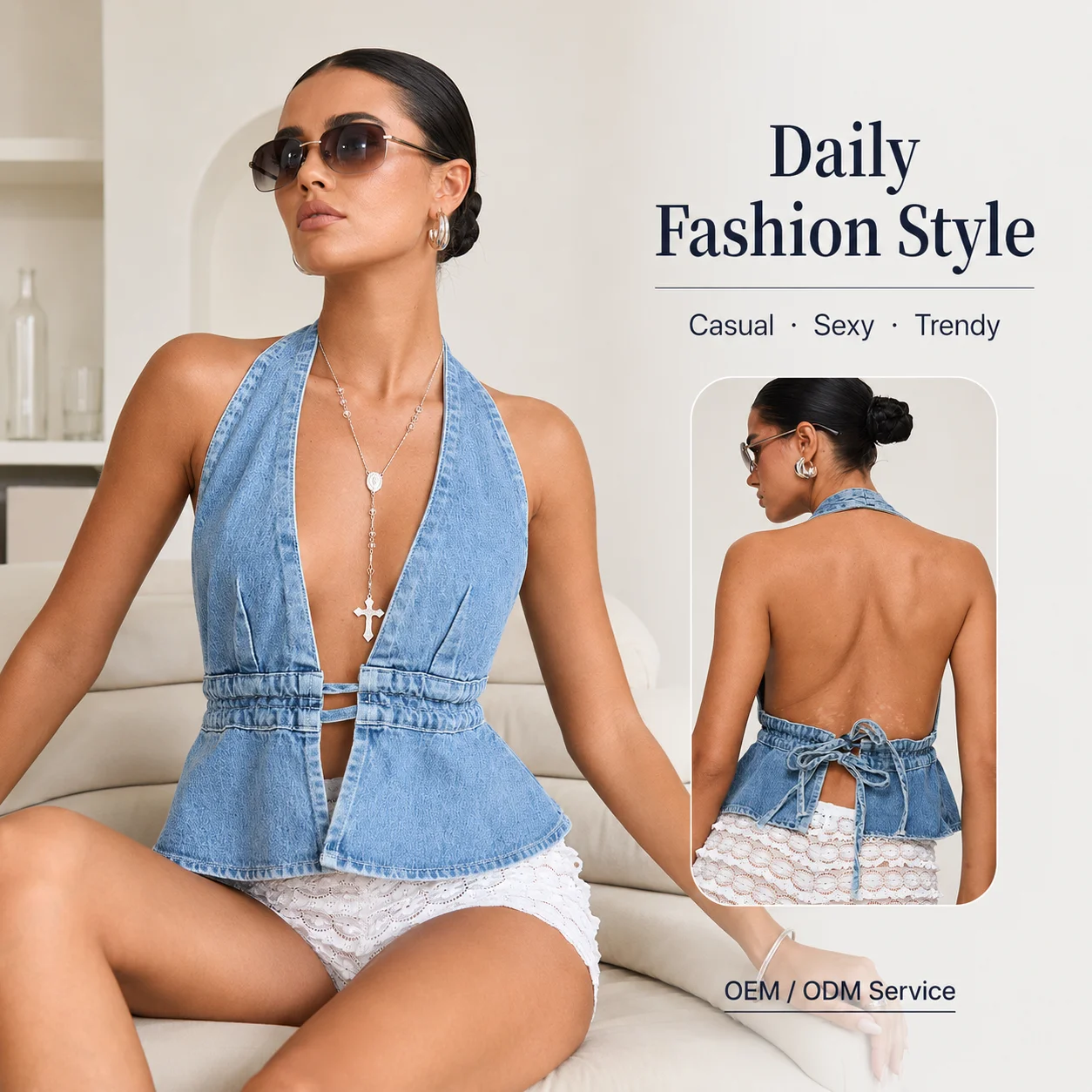 Custom Breathable Casual Short Fashion Sexy Washed Denim Leaky Back Halter Strap Vest Women