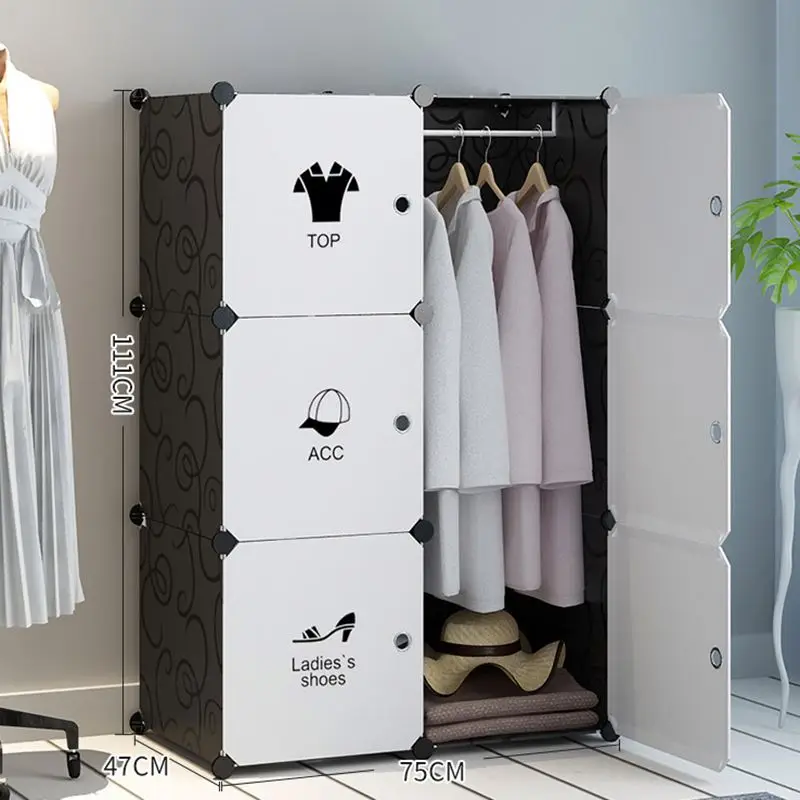 Foldable Simple Assemble Clothes Wardrobe Black Wardrobe Cabinet With 4 Clothes 20 Cube Plastic Wardrobe