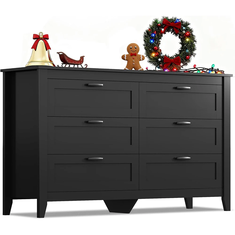 product nu deco modern black wood dresser with 6 drawers and metal handles large chest of drawers for bedroom storage-0