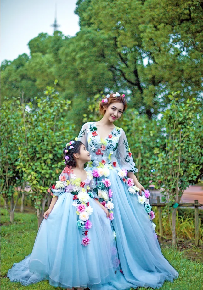 Flower fairy Princess Adult Child Dress Long Birthday Costume Parent-child  Outfit Royal Blue Princess Wedding Gown Dress