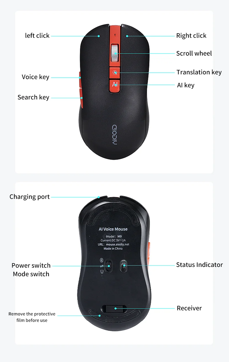 Intelligent Voice Search Rechargeable AI Mouse Typing Translation Gaming Bluetooth Mouse 2.4Ghz Multilingual Computer Mouse