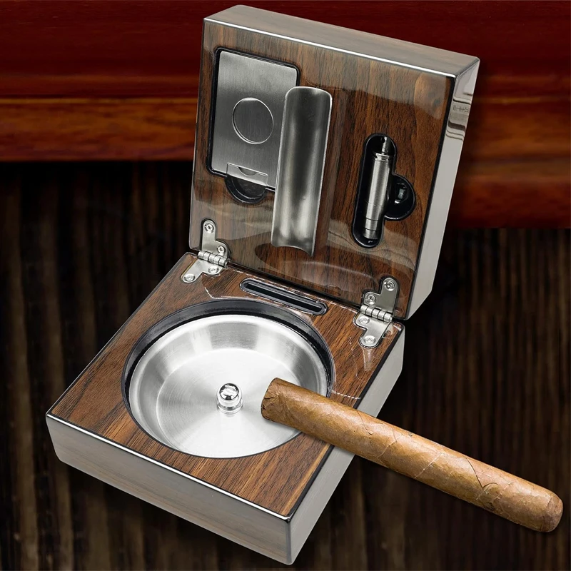 Wooden Cigar Ashtray Set With Cigar Cutter And Punch Foldable Travel Compact Cigar Holder