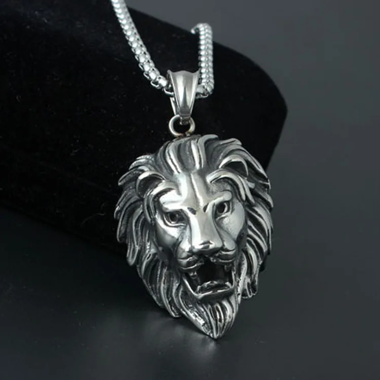 Mens Hip Hop Lion Head Pendant Necklace Punk Style Box Chain Stainless ...