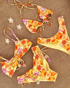 2026 Designer Custom Low Rise Floral Push up Underwire String Micro Bikini Set with Front Logo Cheeky Bottom Women's Swimsuit