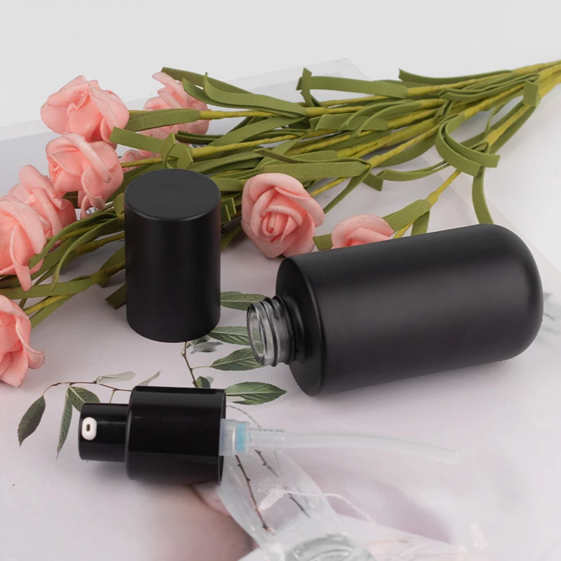 Luxury cosmetic packaging set 50g 40ml 100ml 120ml matte black round cosmetic glass bottle pump lotion bottles details