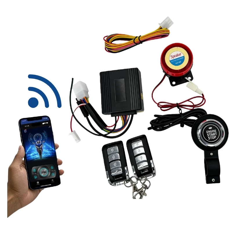 Dieses Gerät eignet sich zur Fernsteuerung einer Motorrad-Alarmanlage über Bluetooth-Apps; außerdem verfügt es über einen Knopf zum Starten bzw. Stoppen des Motors.