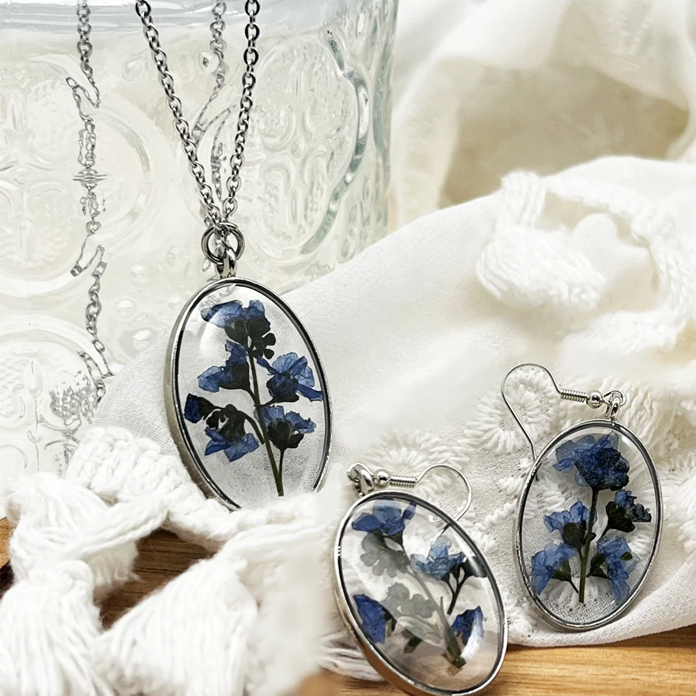 Fine Handmade Resin Jewelry Hawaiian Stainless Steel Real Flower Earrings  Jewelry Sets for Girl Forget Me Not