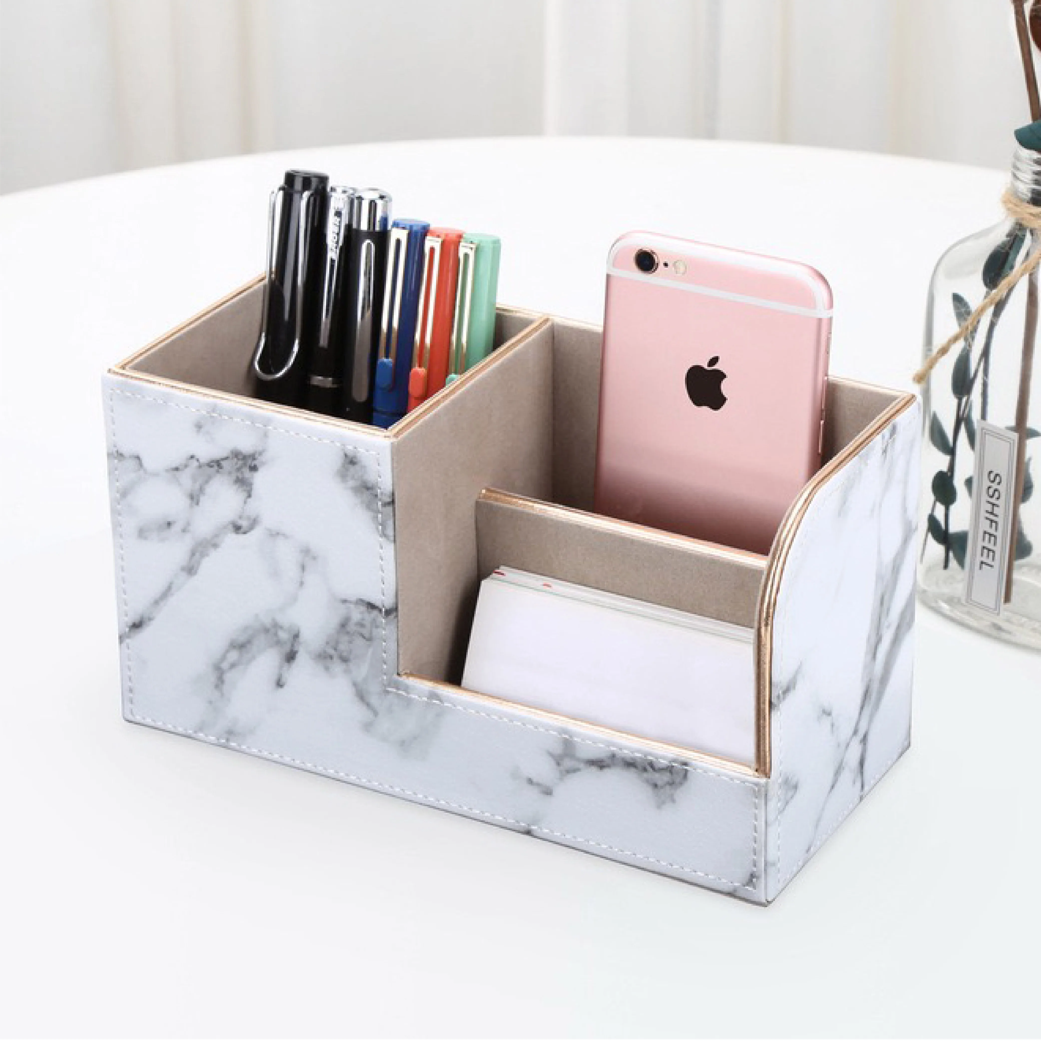 Multi-function Storage Box Custom logo Pu Leather Marble Grain Stationery Business Card Holder Office Home Table Desk Organizer