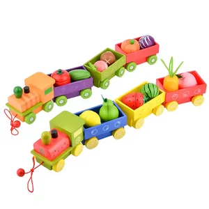 Multi-functional Wooden Fruits Vegetables Hand Cart Toy String Car Educational Learning  Games for Kids Toddler Boys & Girls