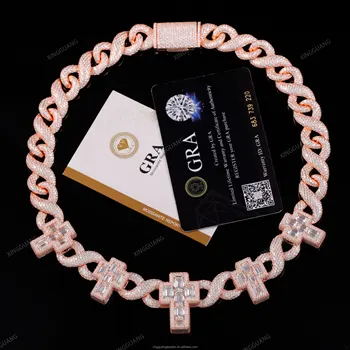 XG New arrived baguettes cross chain Moissanite Cuban link Chains 925 Silver iced out vvs Moissante Chains Necklaces for men