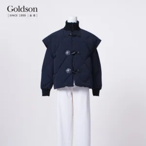 Custom White Duck Twinset Vest Jacket Winter Patchwork Design Horn Buttons Hooded Collar Waterproof Feature Polyester Pocket