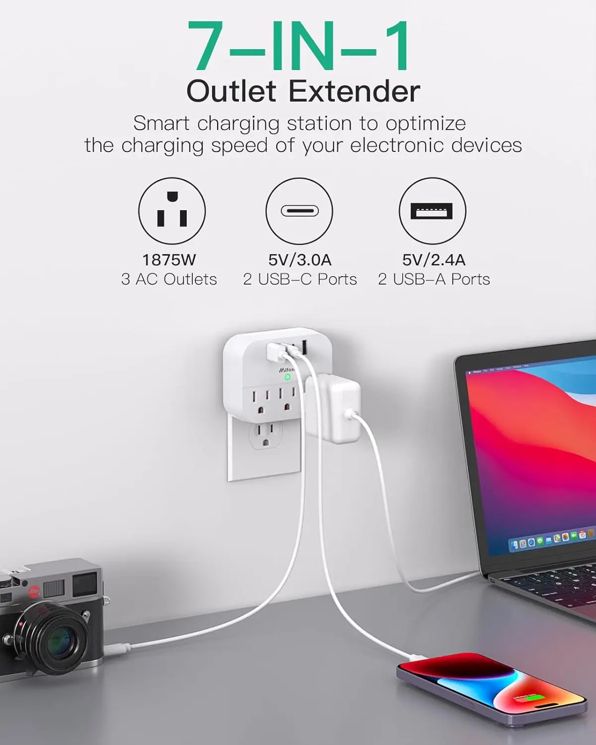 Foldable Plug Cruise Power Strip USB-C Outlet Extender Travel Essentials Wall Socket 15A Rated Current 125V No Surge Protector