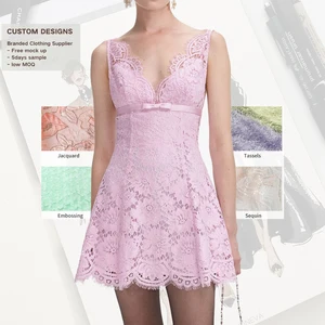 Custom American Style Summer Sense Flower Embroidery V Neck Lace Stitching Women Casual Party Sexy Mini Dress
