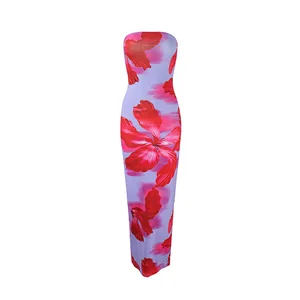 OEM Custom Logo Women Sleeveless Strapless Print Maxi Dress Sweet Style Solid Pattern Woven Technique Cascading Ruffle Dress