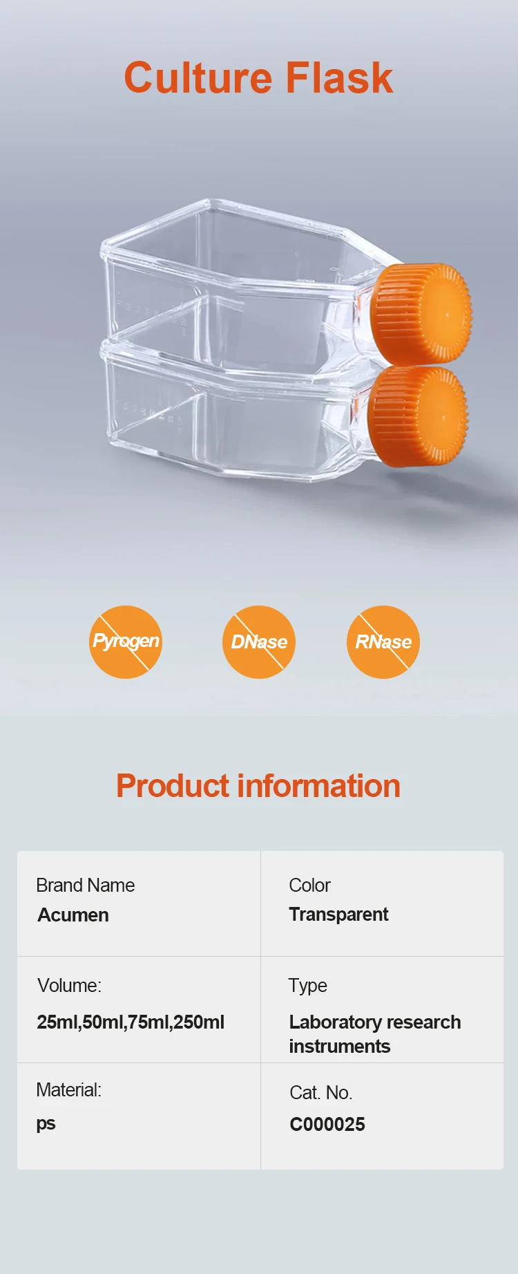 Medical Science Tissue Culture Flasks Sterile Polystyrene 50ml Cell