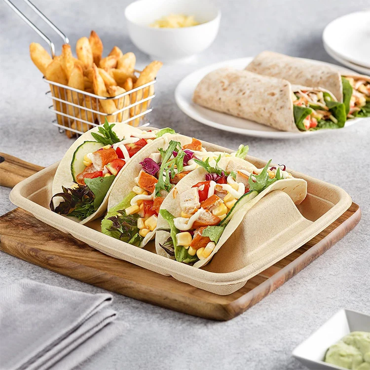 Sugarcane Taco Box to Go Disposable Custom Take Out Food Box Clamshell Container Bagasse Taco Holder for 3 Tacos