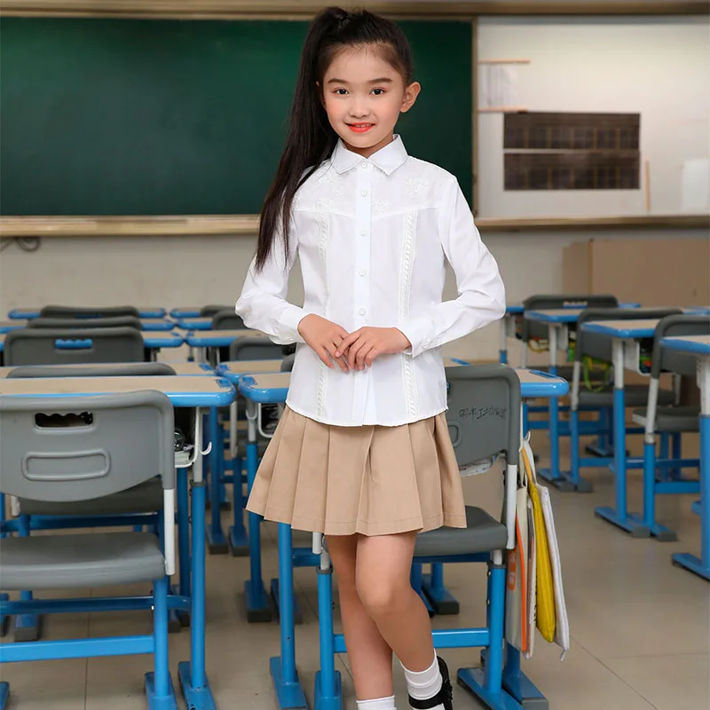 High Quality School Uniform White Long Sleeve Shirts Girls Pleated Skirt  and Top Set