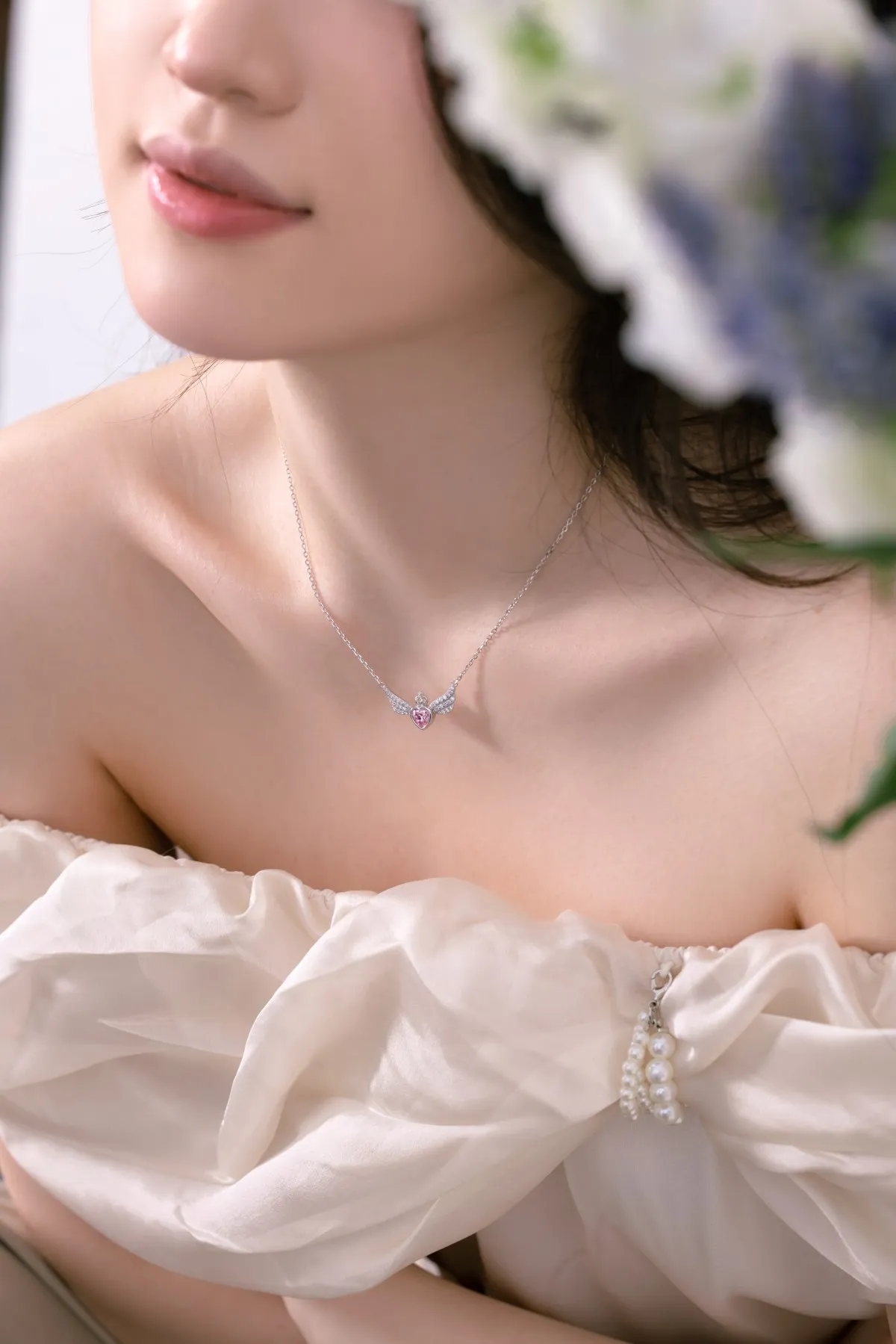 KAKODIY Luxurious Cute Pure 925 Sterling Silver Zircon Zirconia Necklace 18K Gold Plated Pink Heart Shape Horn Wings Pendant Women's Necklace detail 6