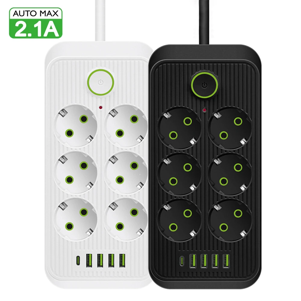 EU Plug AC Outlet Power Strip Multitap Extension Cord Electrical Socket with 4 USB Ports Fast Charge Multiprise Network Filter