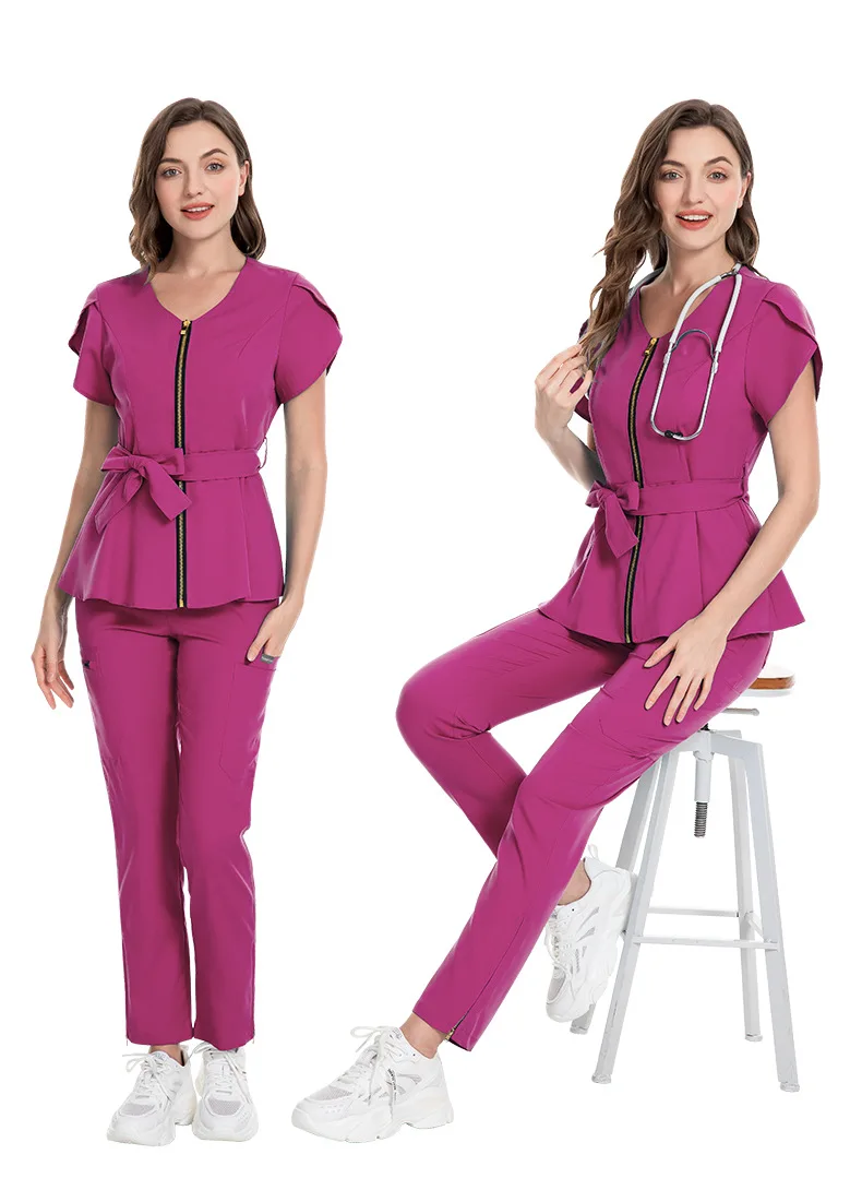 Nursing Uniform Sets Women's Fashion Lace-up Waist Short-sleeved Elastic Overalls Scrubs Nurse Uniforms for Hospital Top & Pants