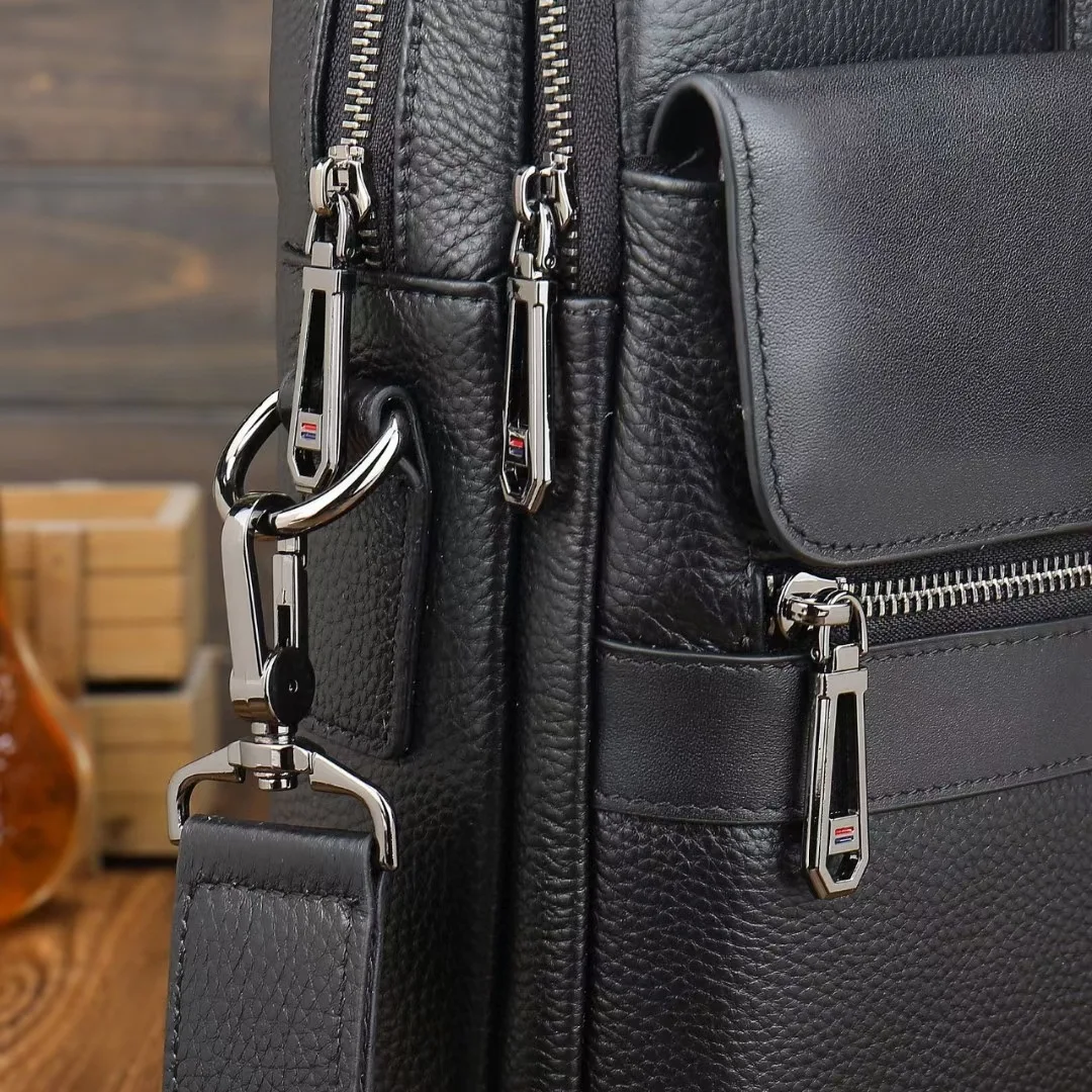 Custom Design Real Cow Leather Cow Hide 15.6 Inches Case Office Business Bag Black Pebble Leather Computer Laptop Briefcases