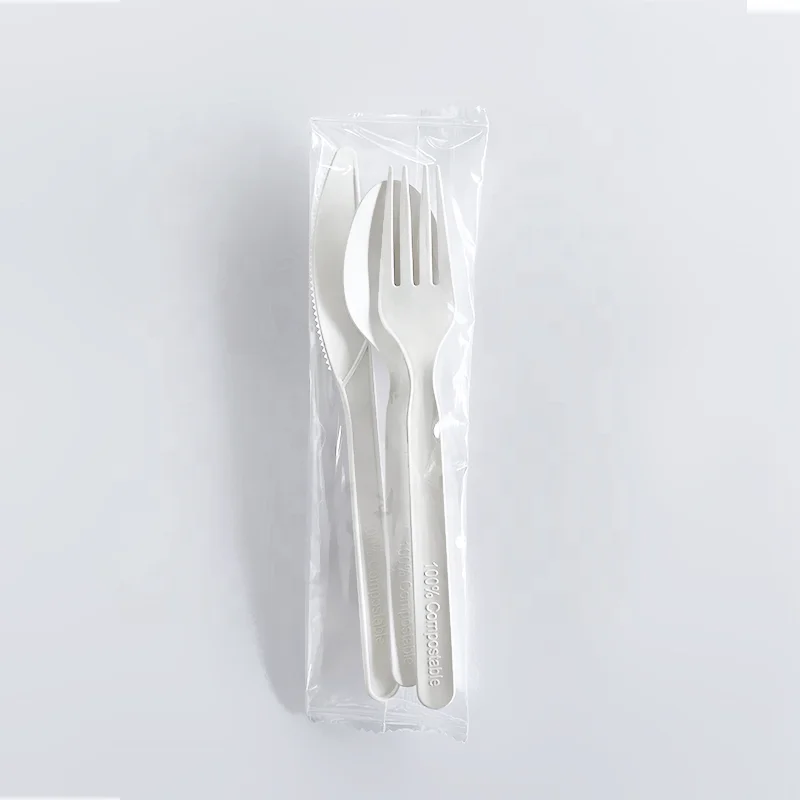 Custom Logo Corn Starch Cutlery Plastic Utensils Disposable Cutlery Eco Compostable Biodegradable Knife Forks Spoons Napkins Set
