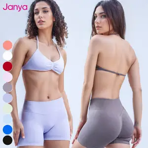 Janya Women's Halter Neck Backless Gym Suit Fitness Sports Wear 3 Piece Sets High Elastic Breathable Seamless Yoga Leggings Set