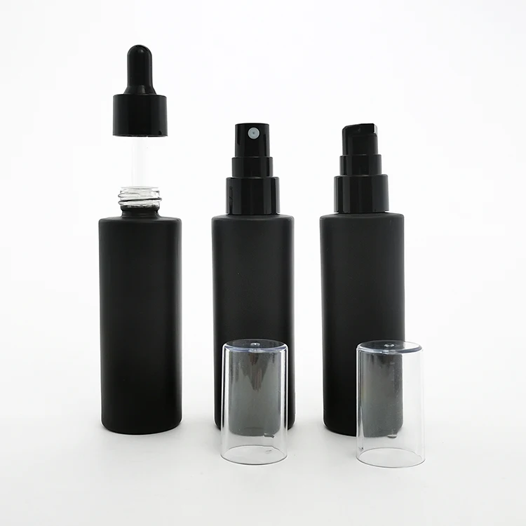 Cosmetic Packaging Matte Frosted Black Glass Serum Oil Pump Bottle With