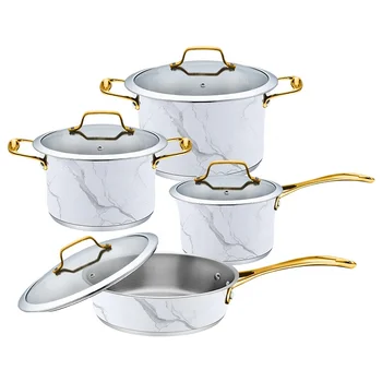Marble paint tulip shape design 8pcs stainless steel cookware set nonstick cooking pots and pans set