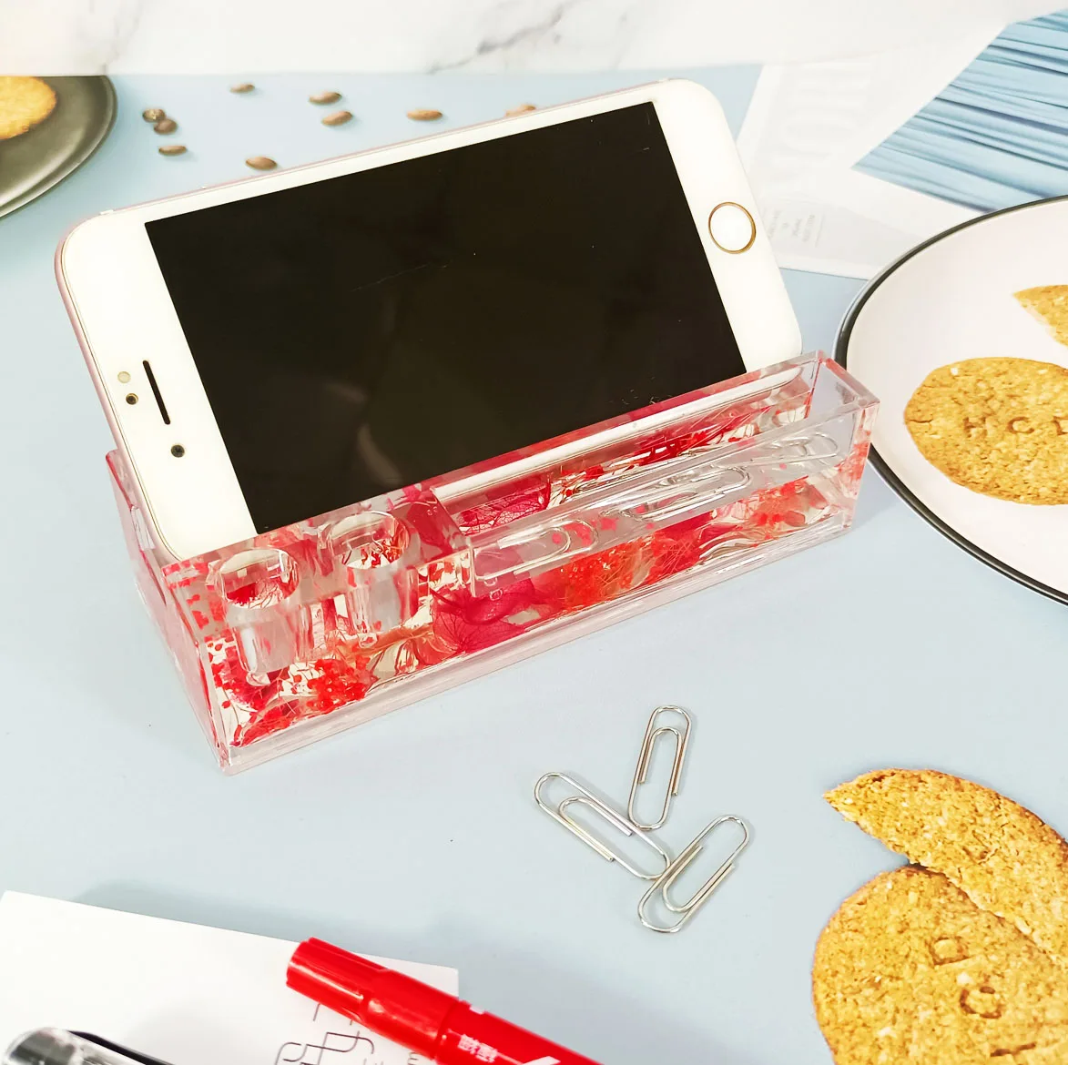 Держатель для телефона с сушеными цветами, Стильный Акриловый чехол для телефона, настольная подставка, офисные ручки, блокнот для записей и карт