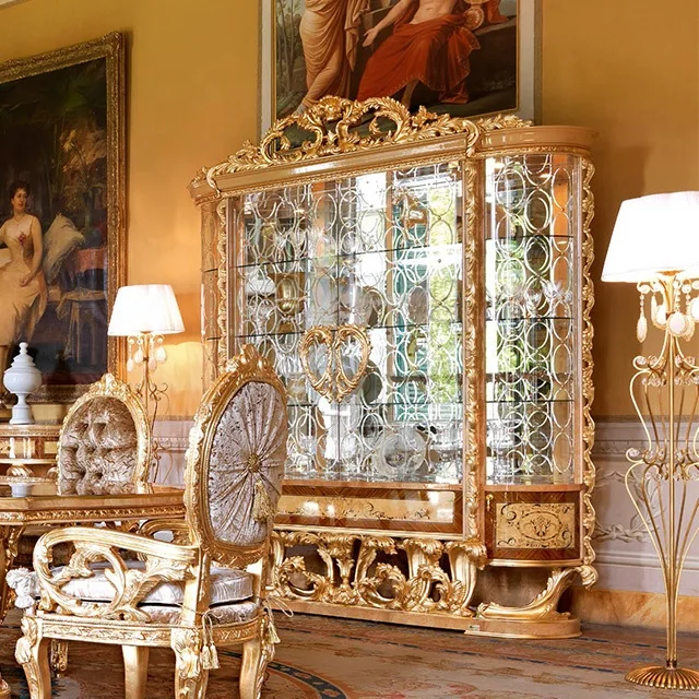 Grand Palace Living room furniture Gold Royal Hand Made Carved Wood Italian Classic style Antique Luxury Glass Cabinet Display
