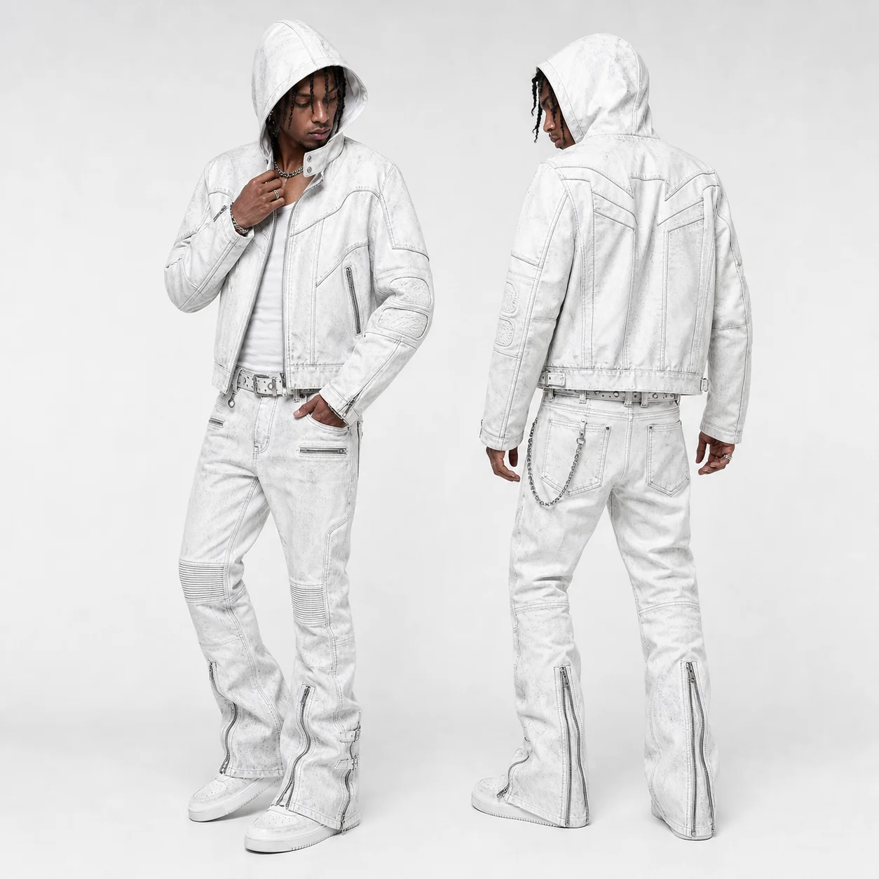 OEM Washed PU Leather Jacket Pants Set Zipper Biker Moto Style Streetwear Supplier Fashion Winter Fit Wear Men Leather Set gallery 3