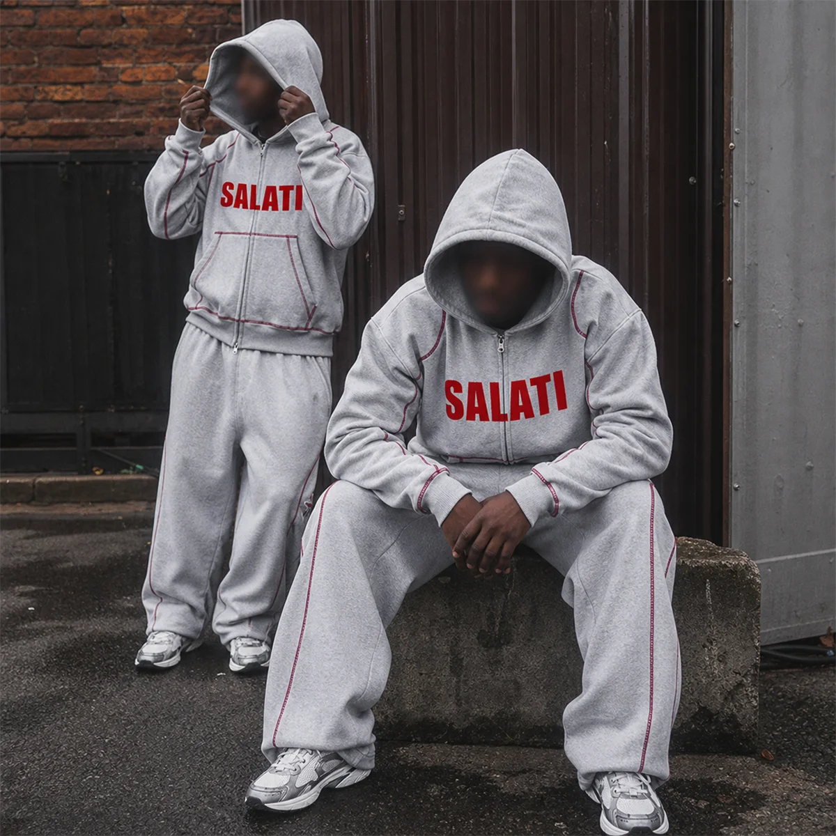 Wholesale Gray Zip up Hoodie Wide Leg Sweatpants Oversized Loose Fit Matching Casual Y2K Streetwear Unisex Tracksuit Set gallery 2