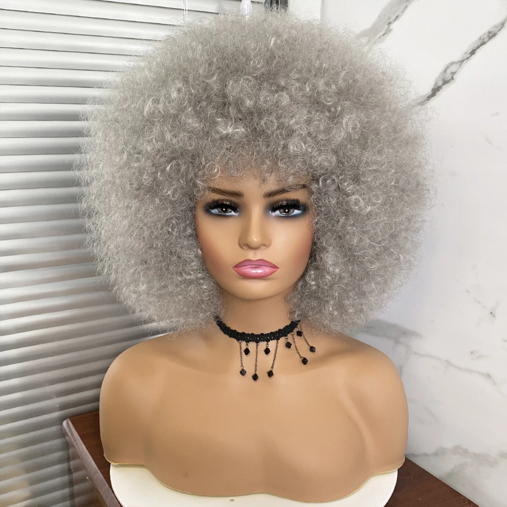 Short Hair Afro Kinky Curly Wigs With Bangs For Black Women African Synthetic Ombre Glueless 