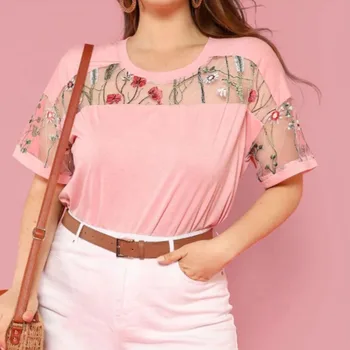 OEM lace patchwork floral print ladies blouse designs embroidery polyester top short sleeve designer chiffon blouse for women
