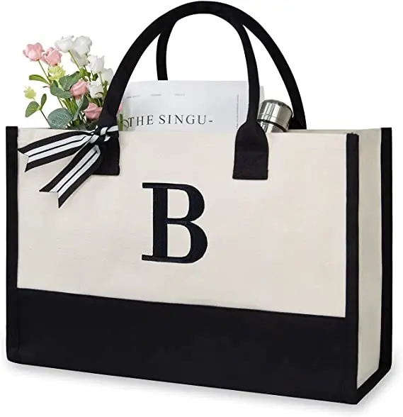 Personalized Initial Canvas Cotton Beach Bag Monogrammed Gift Tote Bag ...